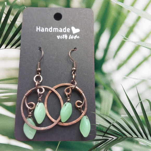 Artisan Earrings Wire Wrap Hammered Hoops with Pale Green Czech Glass Leaves - Picture 5 of 5